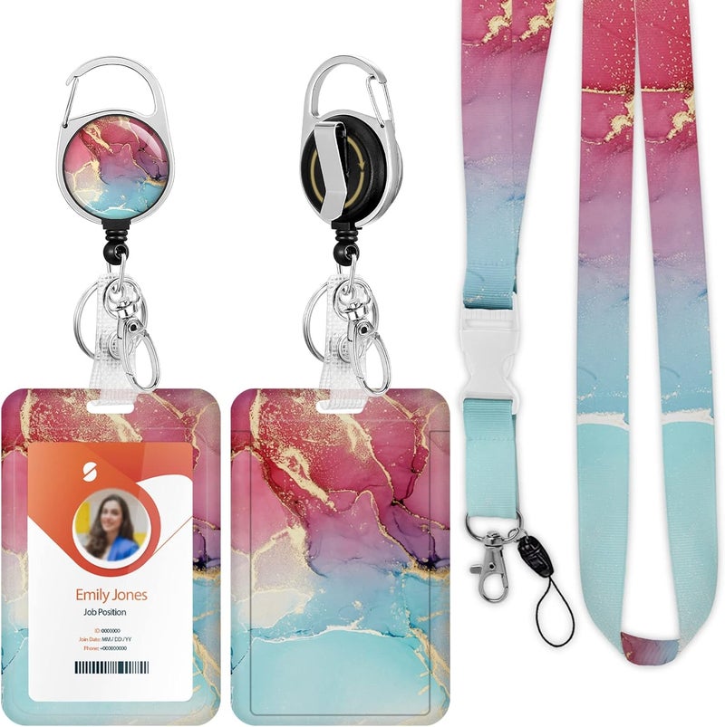 Boutilon ID Badge Holder with Lanyard,Retractable ID Badge Card Holders Detachable Neck Lanyard Strap with Badge Reel and Vertical ID Holder for Nurse Students Teachers Office Staff(Marble Cyan Red Golden) - Image 1